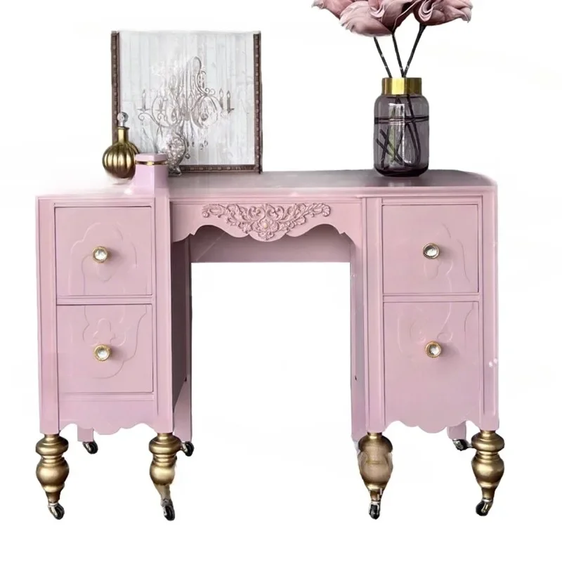 

French retro solid wood carving flower porch cabinet living room wall decorative cabinet locker storage cabinet pink