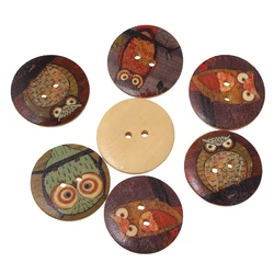 50pcs 3cm Natural Wood Sewing Buttons Round At Random 2 Holes Halloween Owl Pattern Buttons Scrapbooking For DIY Sewing Tools