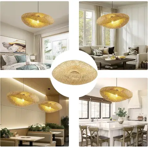 Bamboo Light Shade,Hand-Woven Bamboo Rattan Hanging Lamp Shade Wicker Chandelier Shade,for Dining Living Bedroom Kitchen