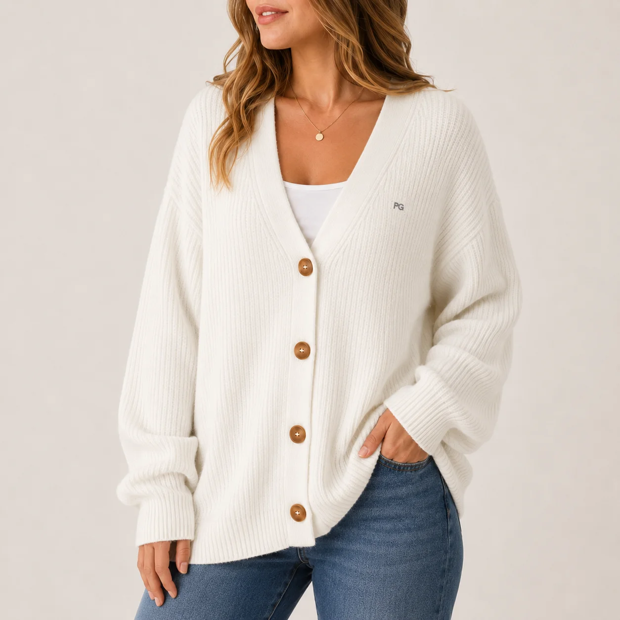 PGWomen V Neck Knit Cardigan Loose Oversized Long Sleeve Sweater Coat Retro Button Embroidery Casual Fall Winter Outerwear Black