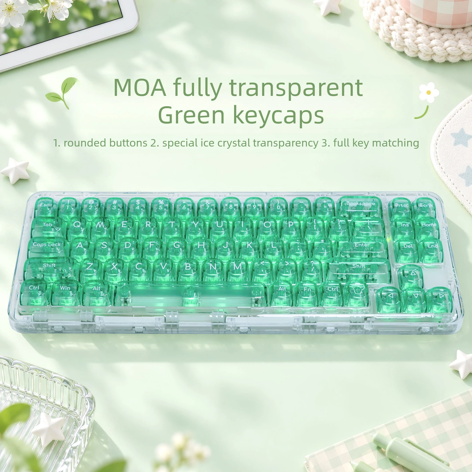Fully Transparent PC Keycaps MOA Profile Green Blue Red White Cute Custom Key Caps for 60% 75% TKL 96% 100% Mechanical Keyboard - view 3