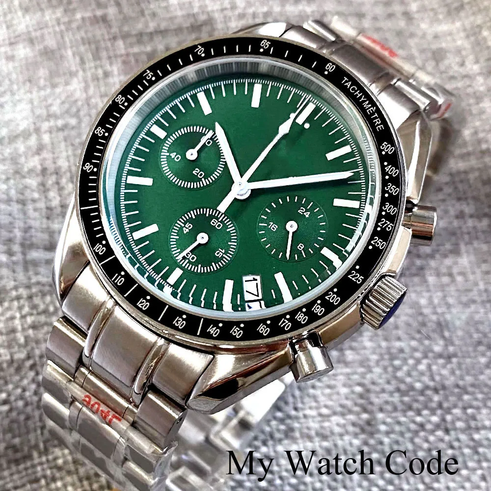 Sport Moon VK63 Chronograph Quartz Watch for Men Grey Dial 24 Hours Stainless Steel Wristwatch Calendar Date 40mm Clock