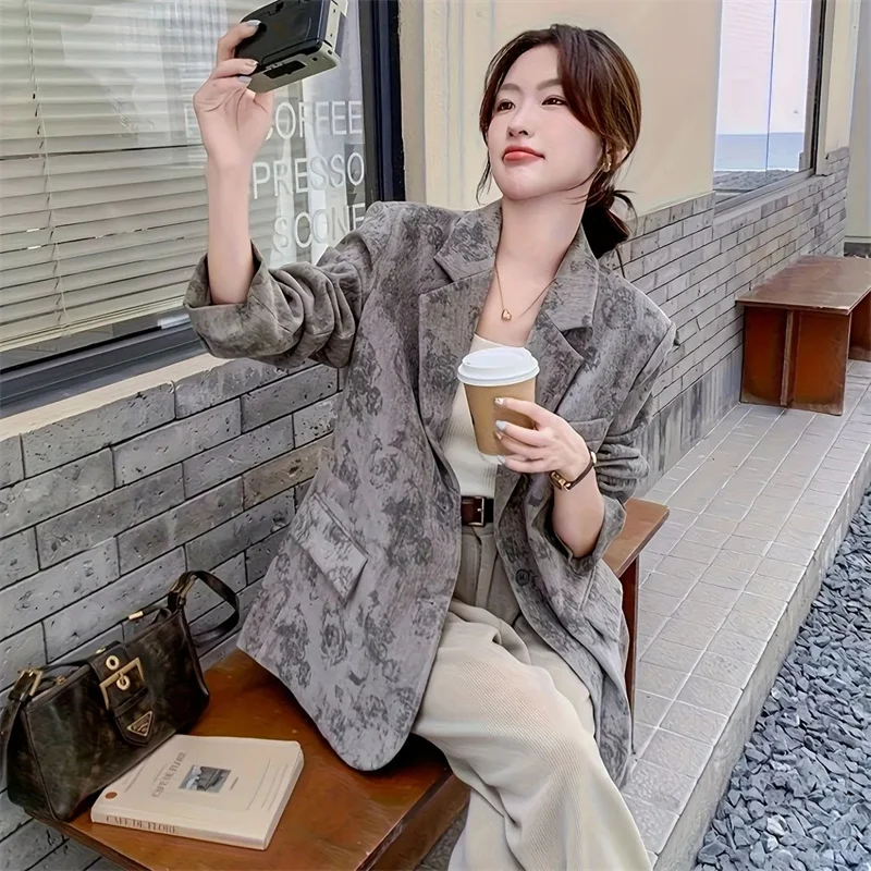 High Hnd Korean Style Printed Suit Jacket Women's Spring 2026 New Lazy Style Loose Casual Small Suit Female Temperament Blazer