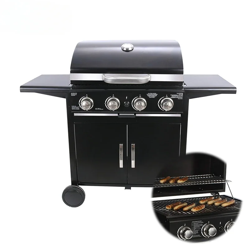 25 Inch CE Approval Portable Propane Gas BBQ Grill 4 Burners With Side Tables Heavy Duty Outdoor Gas BBQ Grill Supplier