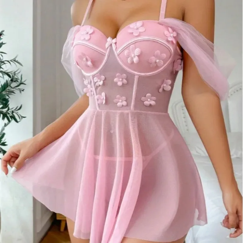 Sexy Women New Mesh Bow Floral Appliques Nightgown Lingerie See Through Babydoll Dress 3D Flowers Underwear Cozy Erotic Set