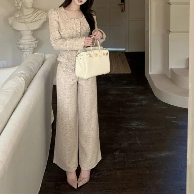 Fashionable Women Square Neck Long Sleeve Tassel Button Short Coat Autumn Winter High Waist Casual Wide Leg Pants Two Piece Set