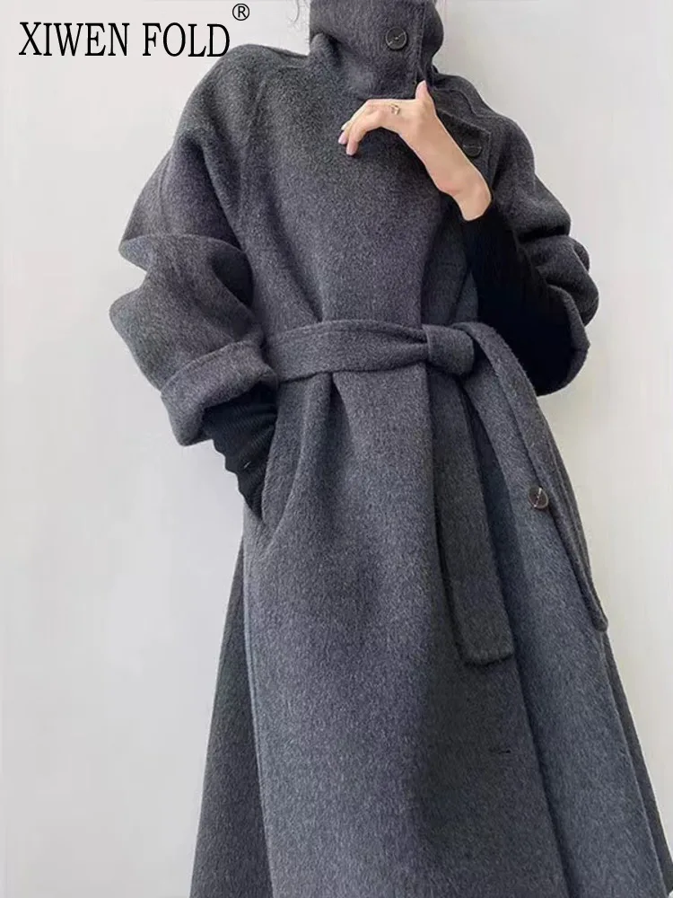 

XIWEN Office Lady Double Sided Woolen Coat Women's Stand Collar Single Breasted Solid Color Mid Length Coats 2024 New XF3034