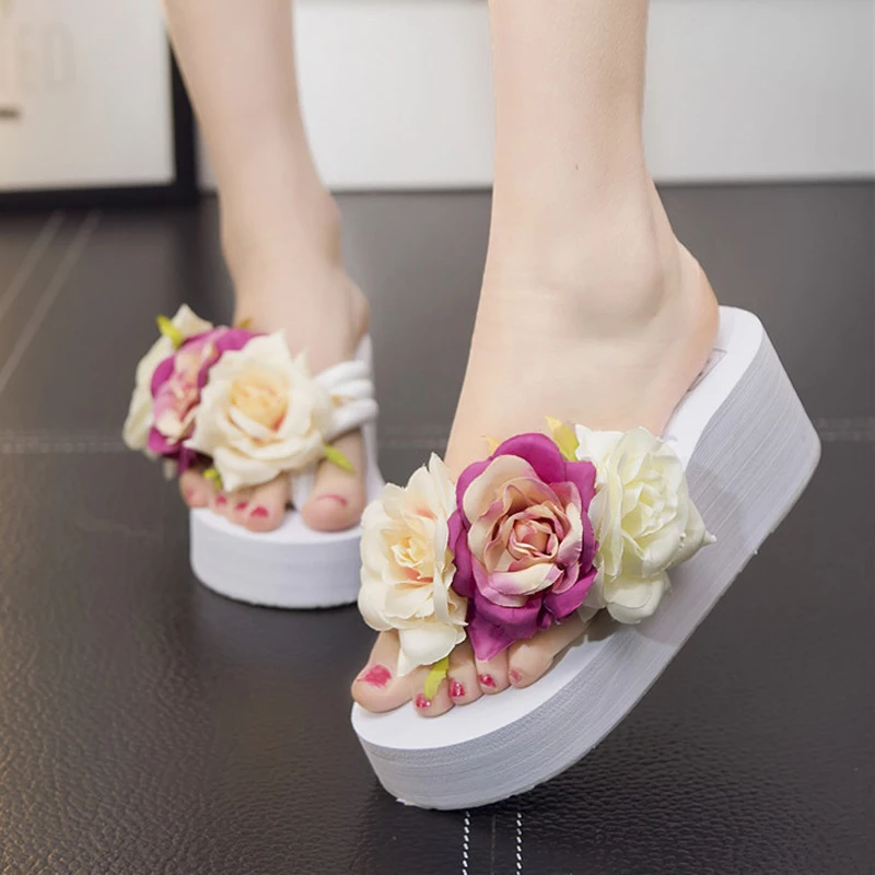 Ladies Slippers Summer Flip Flop Flowers decoration Female Flip flops High heels EVA Flip flops Bohemia Beach Slippers Shoes