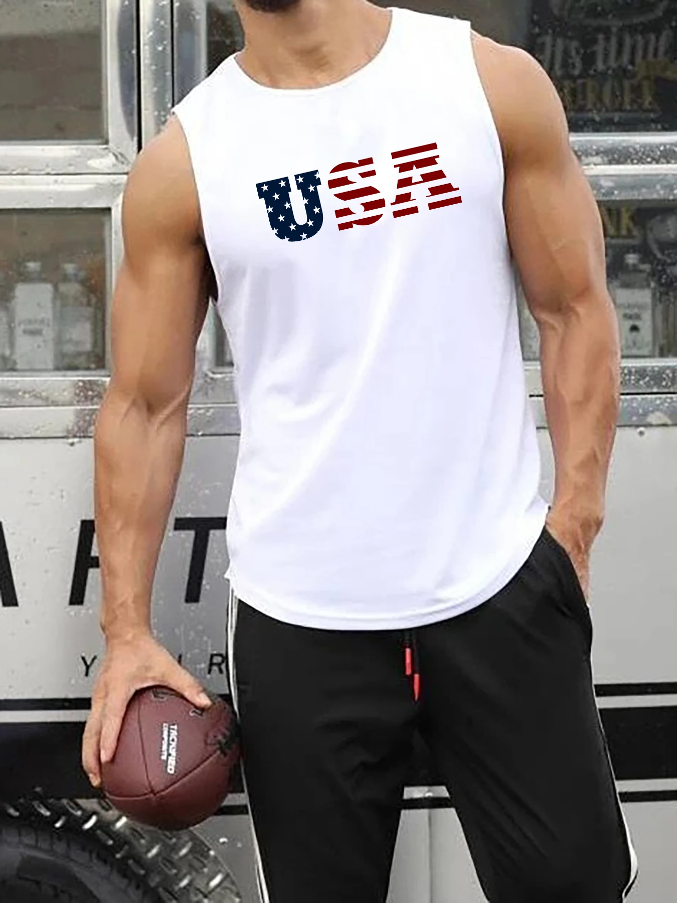 Men's usa Print  Fitness Sleeveless Tank Top Tshirt High Street Unisex style Oversize Loose Casual Clothing Outerwear Top