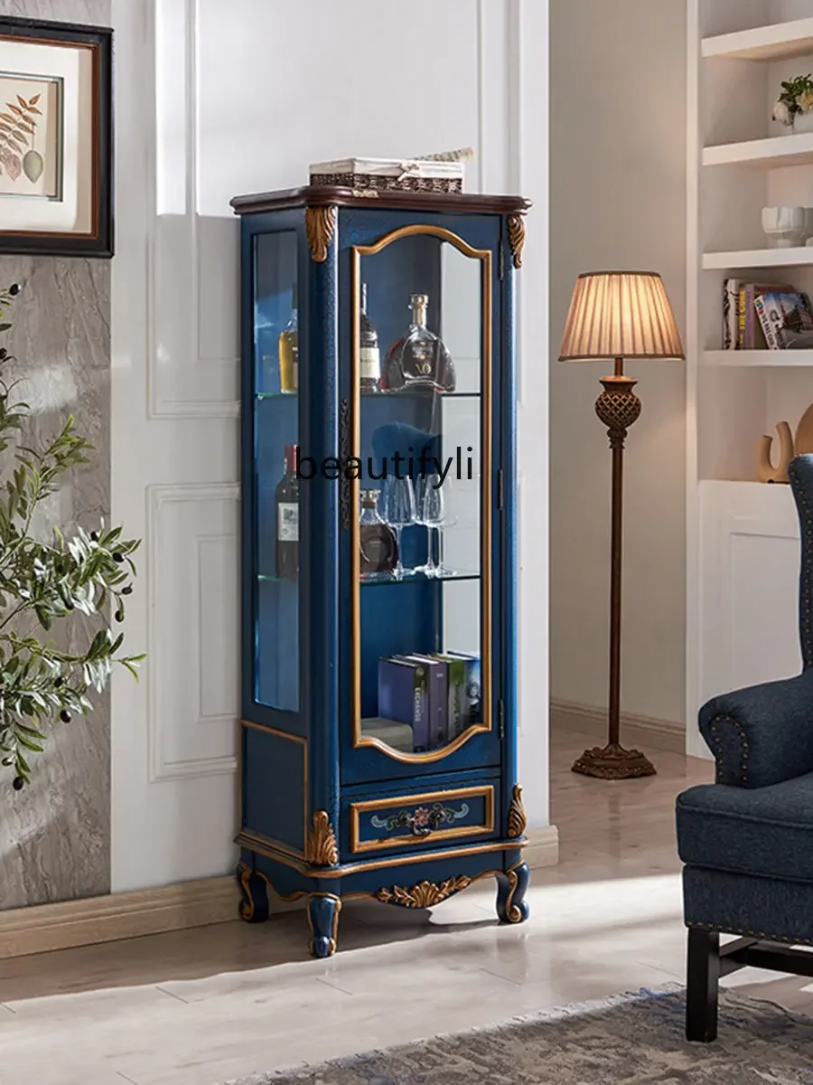 Solid wood single-door wine cabinet, living room glass door retro display, low cabinet against the wall locker