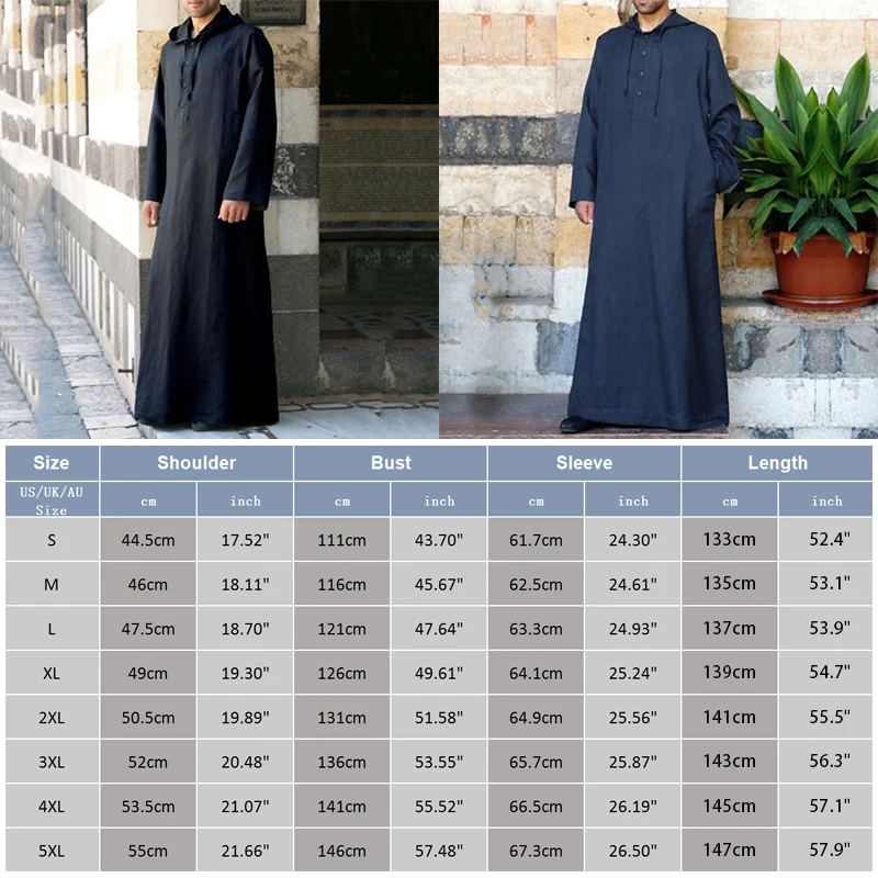 Abbigliamento islamico Manica lunga da uomo Allentato Uomo musulmano Arabia Saudita Pakistan Kurta Costumi musulmani Abito musulmano Caftano Thobe Con cappuccio