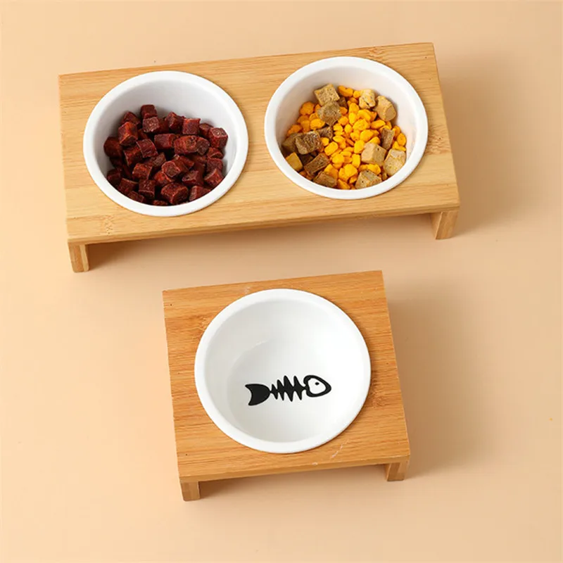 

Double Bowls Cat Dog Feeders Bowl Ceramic Tableware Pet Food Water Bowl Bamboo Frame Antiskid Pet Supplies Dog Cat Feeding Bowl