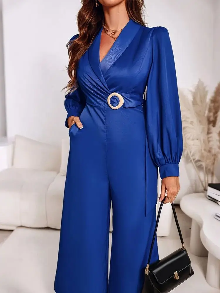 Metal Ring Decor V-Neck Jumpsuit with Lantern Sleeves And Zipper Back Casual Wide Leg Overlap Design Cinched Waist One Pieces