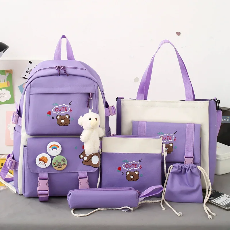 5 In 1 Schoolbag women Cute 6 grade children bookbag Boy Waterproof Student Backpack Girl wallet Teen 5 piece set Send keychain