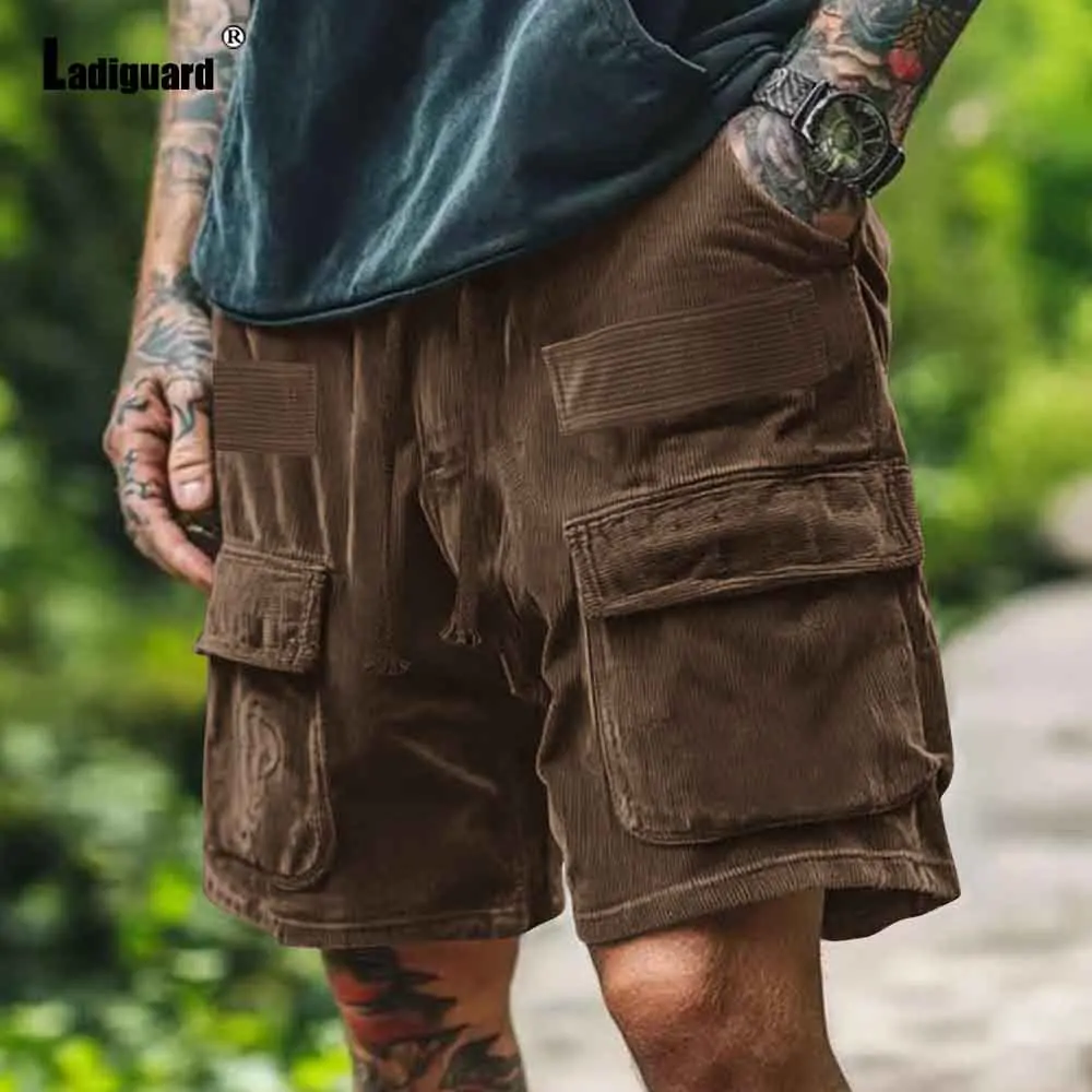 

Soft Corduroy Shorts Men Casual Stand Pockets Half Pants Male Streetwear 2025 American and European Style Fashion Cargo Shorts