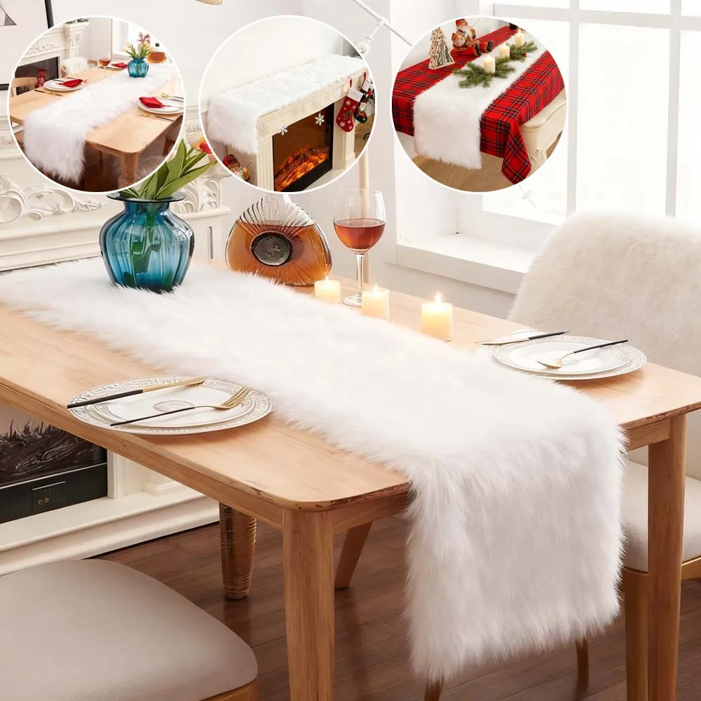 

2026 Soft Plush Table Runner White Machine Washable Christmas Long Fur Table Decor Suitable for Kitchen Bedroom Скатерть На Стол