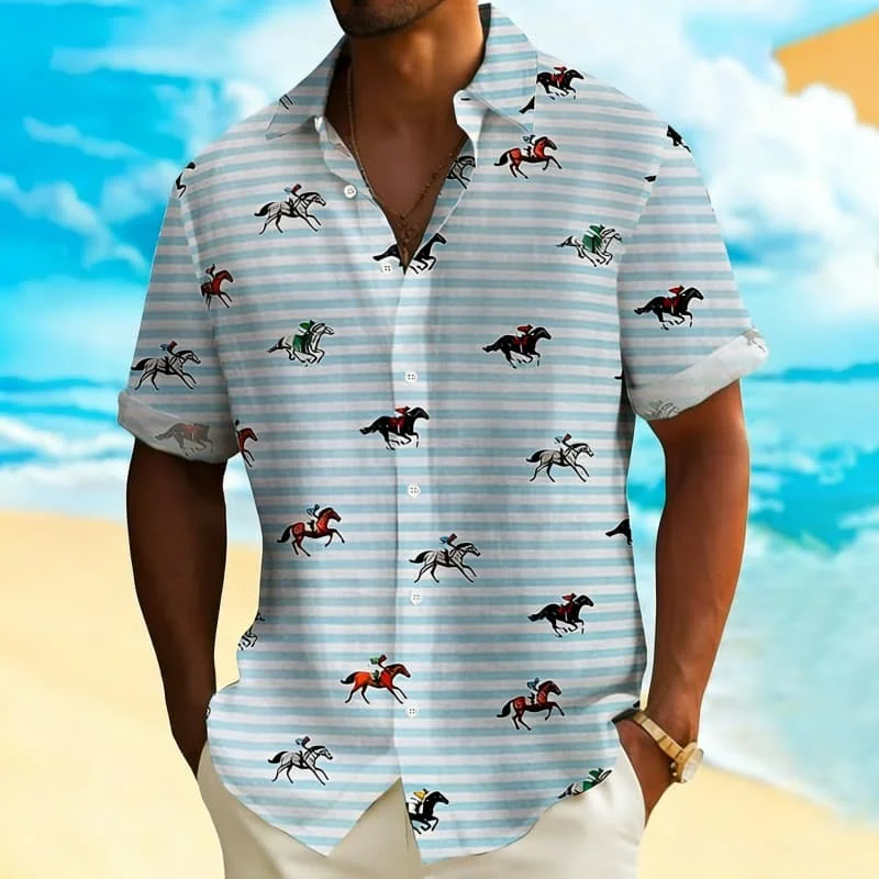 

Playful Street Striped Racing Horse Print Short Sleeve Shirt Fun Edgy Casual Outfit Wear For Summer Vacation And Beach Looks