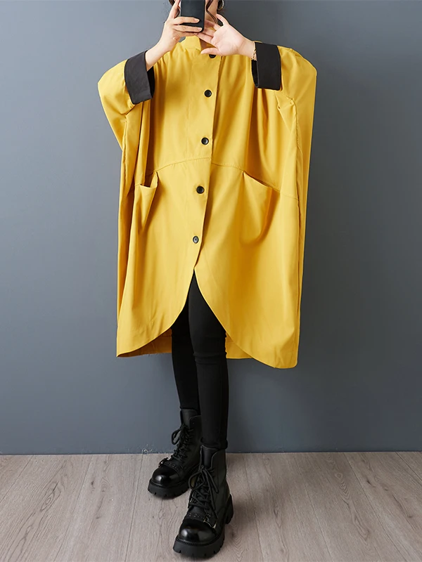 SuperAen الربيع والخريف جديد فضفاض الوقوف طوق الألوان المتناقضة Batwing الأكمام عارضة أزياء غير المتكافئة معاطف طويلة