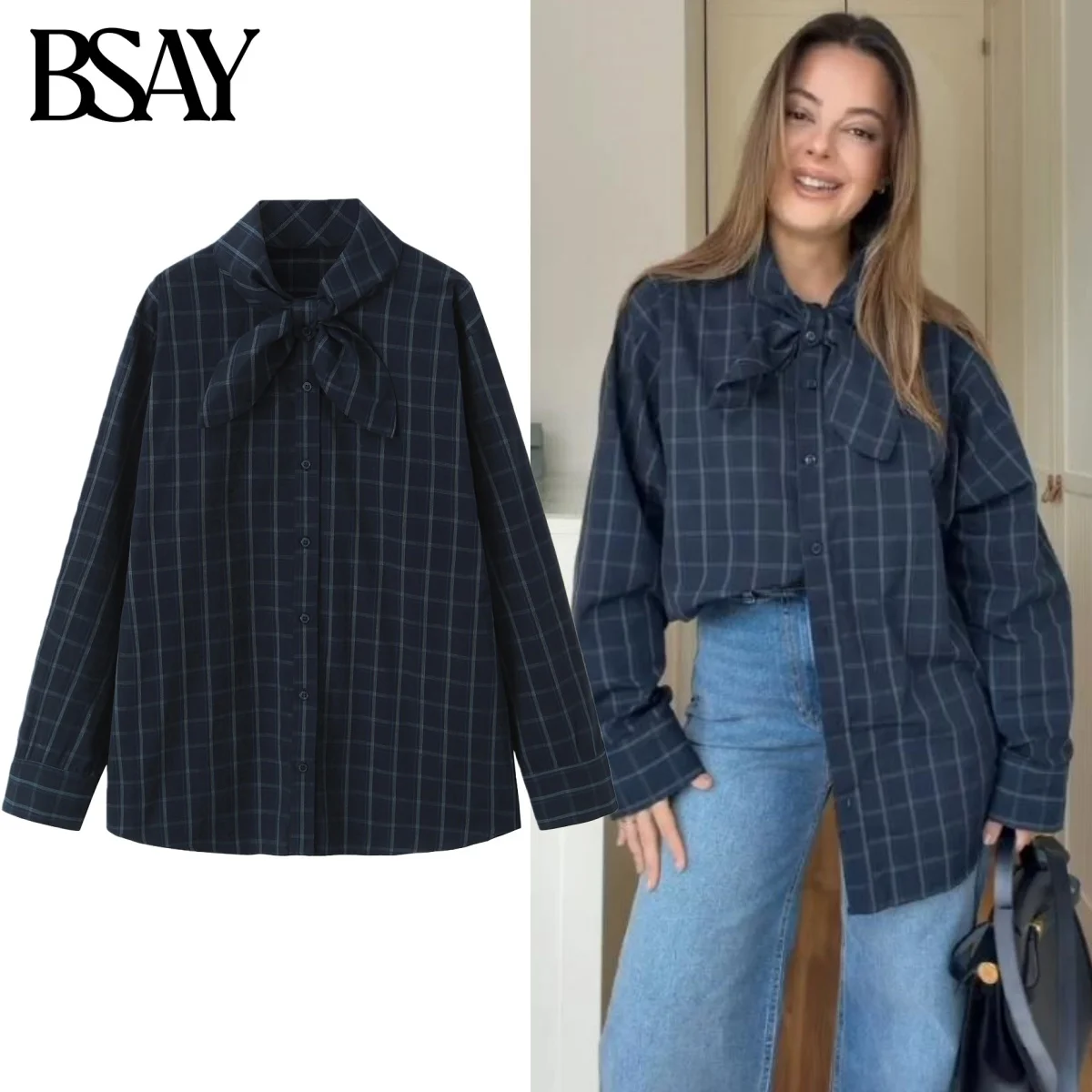 

BSAY Scarf plaid Poplin Shirt For Women Fashion Autumn Winter New bow Long Sleeves Single Breasted Blouse Chic Ladies Top