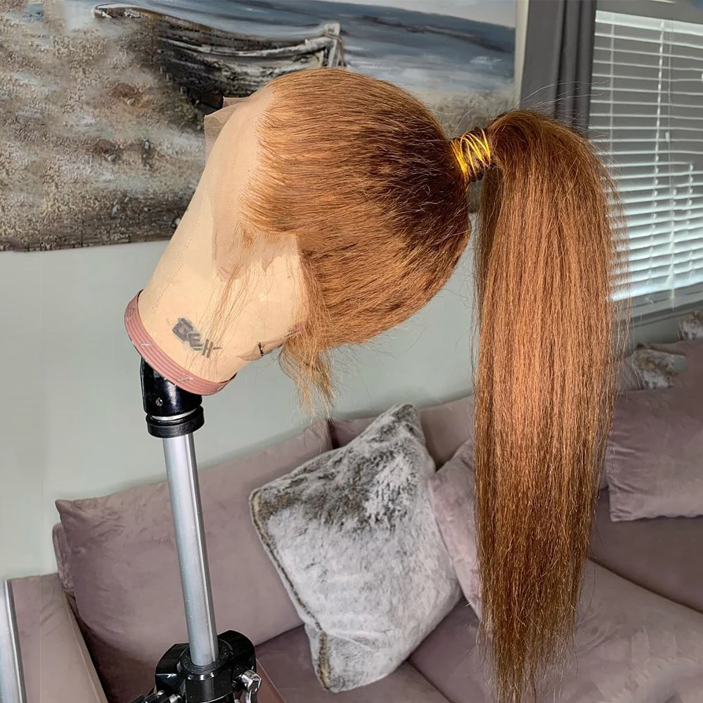 Yaki Lembut Preplucked Lembut 26 "Panjang Pirang Keriting Lurus 180 Kepadatan Wig Renda Depan Sintetis untuk Wanita Tahan Panas Tanpa Lem