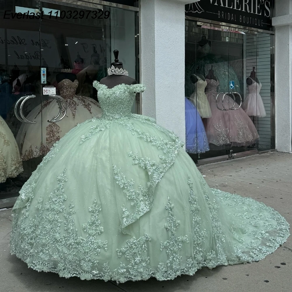 

EVLAST Блестящее мятное платье Quinceanera Бальное платье Блестящая кружевная аппликация с бисером Многоуровневый корсет с бантом Sweet 16, Vestido De 15 Anos QD1051