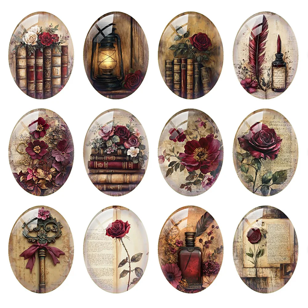 Random Mixed Round/Oval/Square Dark Academia Deep Burgundy Roses Photo Glass Cabochon Flatback Demo Cameo For Diy Jewelry Making