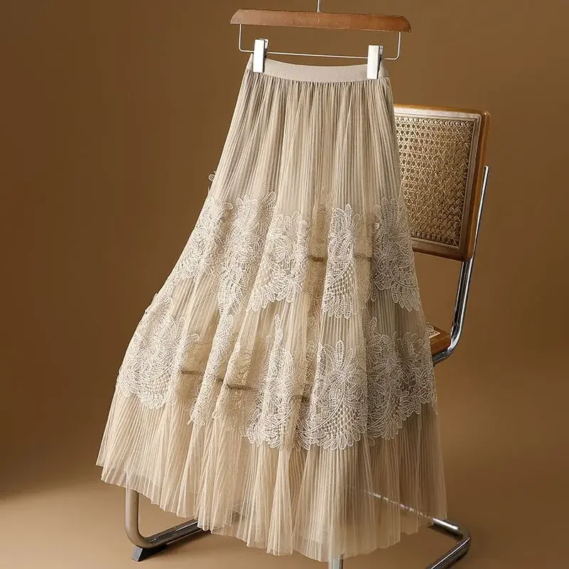 

Korean Sweet Summer Solid Color Women's Clothing Elastic Waist Gauze Lacefashion Versatile High Waist Mid Length A-line Skirts