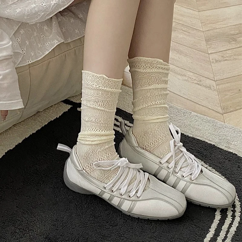1/4 Paar Damen-Kniestrümpfe mit Spitzenbesatz, Sommer-Höhlen-Design, leicht, atmungsaktiv, weich, bequem, lässig – Detail 8