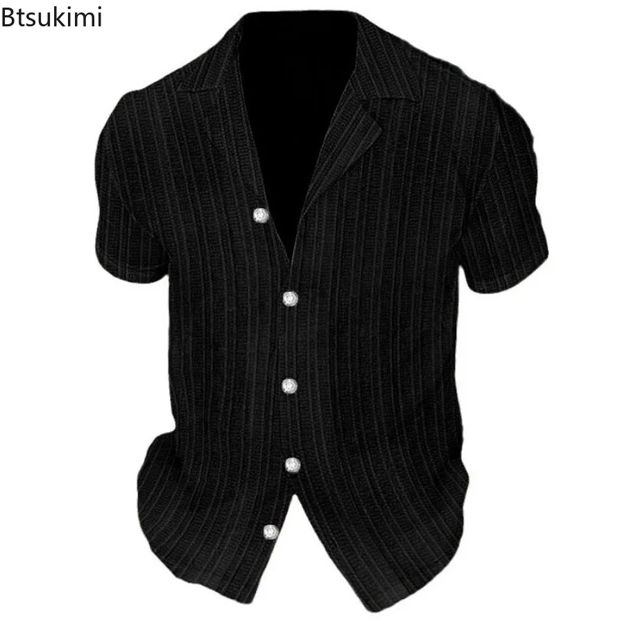 New Men's Solid Color Casual Short Sleeve Shirts Summer Lapel Button-up Striped Cardigan Tops Male Daily Vacation Beach Blouses
