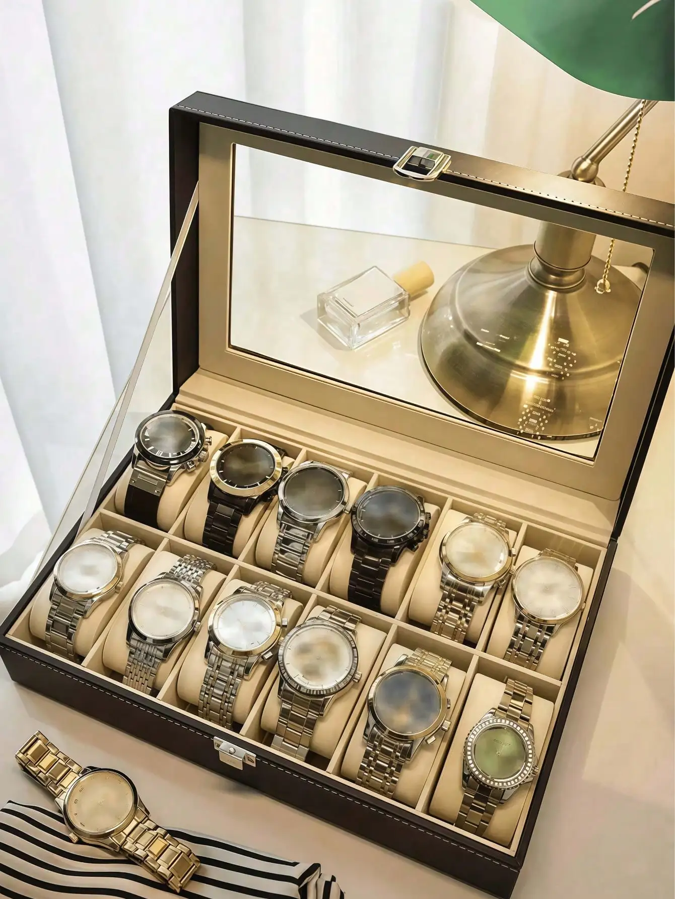 Leather Watch Box with Lock, Large Capacity Watch Display Case, High-End Jewelry Storage Organizer for Men Women, Home Vanity Dresser view 4