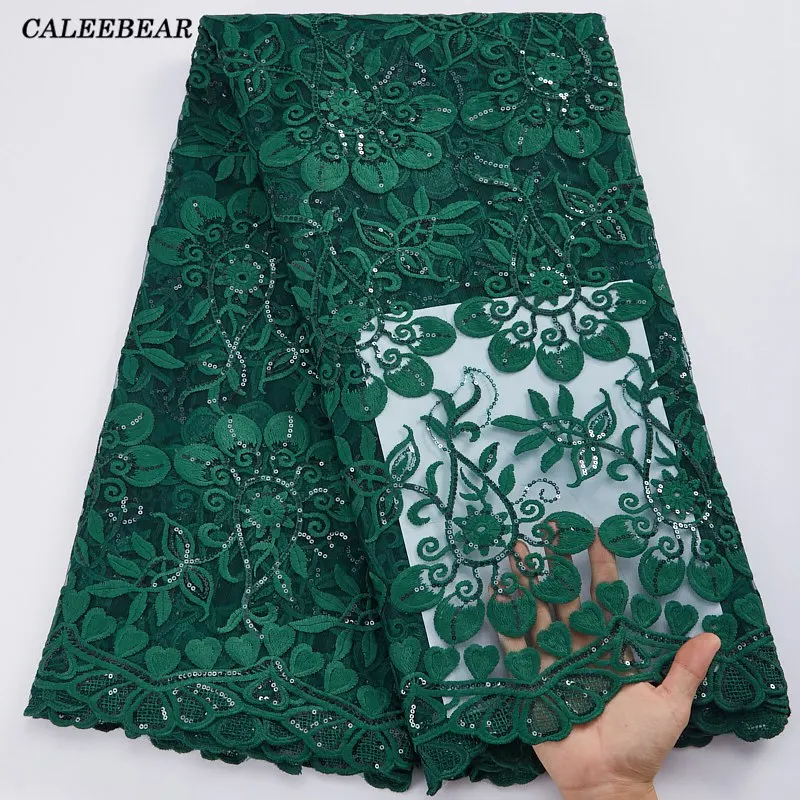 

2022 High Quality African Milk Silk Lace Fabric Green Nigerian Tulle Lace Embroidery French Sequin Lace Fabric For Party S2890