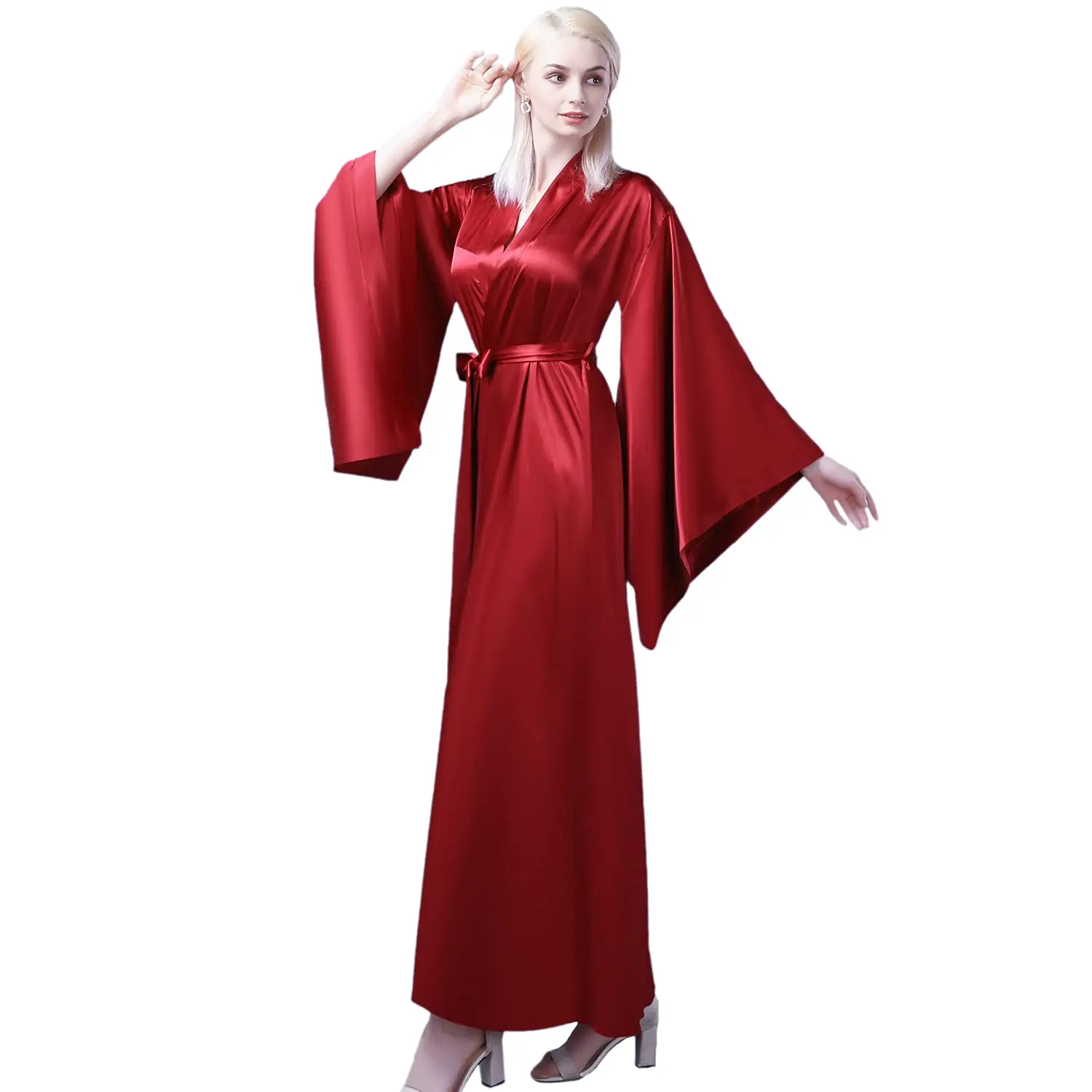 

Fashion Imitated Silk Fabric Bath Robe For Women Comfortable Long Robes Belt High Quality Nightgown Plus Size