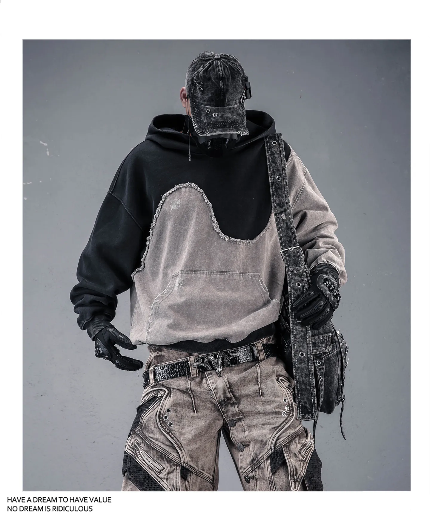 Contrast Color Patchwork Techwear Style Casual Hoodies Man Autumn Tactical Function Washed Distressed Design Long Sleeve Tops