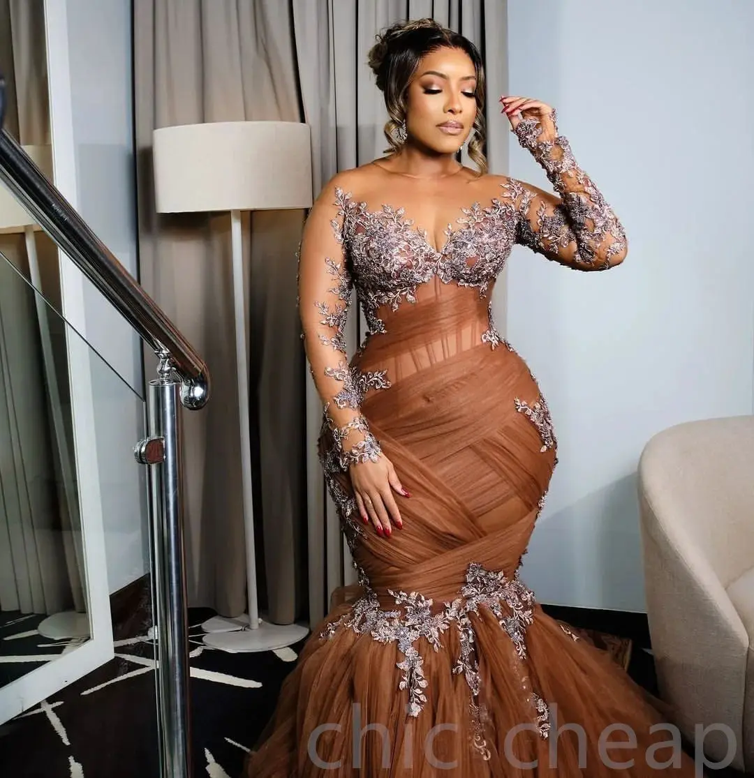 Maßgeschneidertes sexy Schokoladen-Illusion-arabisches Abendkleid Aso Ebi Kristallperlen Langarm Hochzeit Geburtstagskleid YPD230