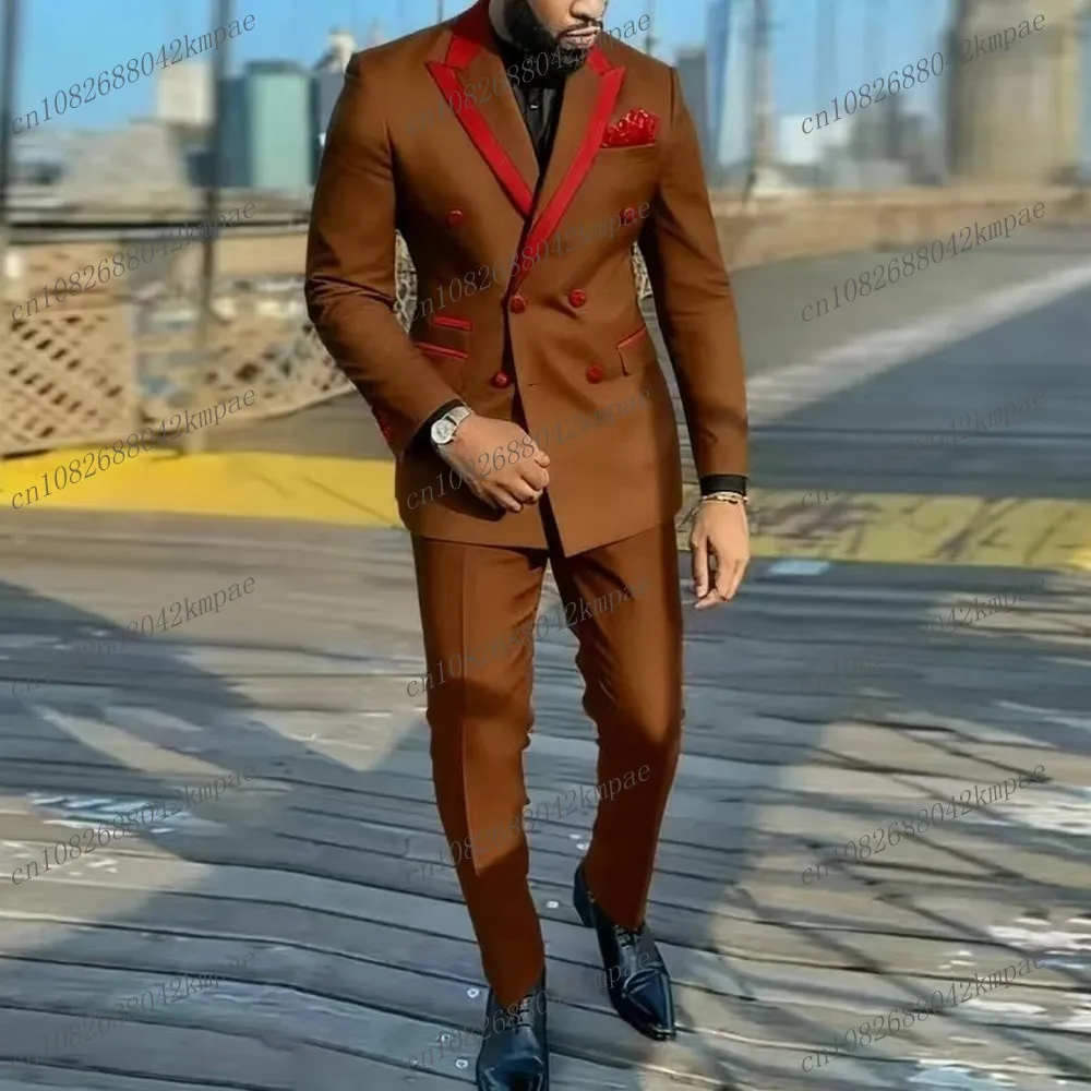 

New Red Collar And Brown Men Suit Formal Groom Groomsman Wedding Party Prom Male Business Tuxedos 2 Piece Set Blazer Pants