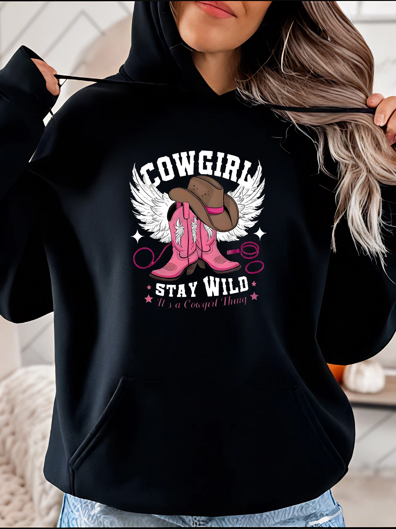 

Толстовка с капюшоном в стиле пастушки, розовые сапоги, женская повседневная толстовка с принтом крыльев, модный подарок в западном стиле для любителей пастушек