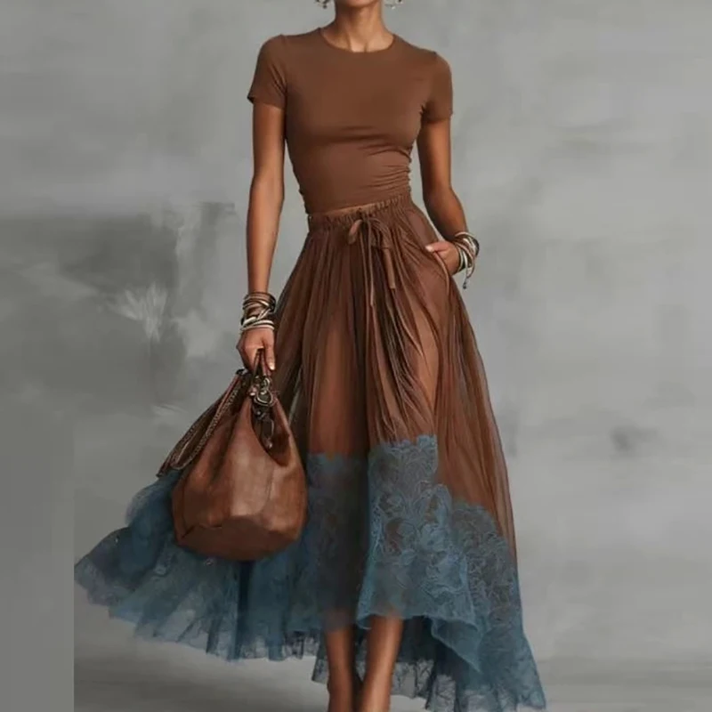 

Vintage O-neck Short Sleeve Tops&Lace Half Skirts Sets Elegant Women's High Waist Long Skirts 2pc Sets Casual Big Hem Skirts Set