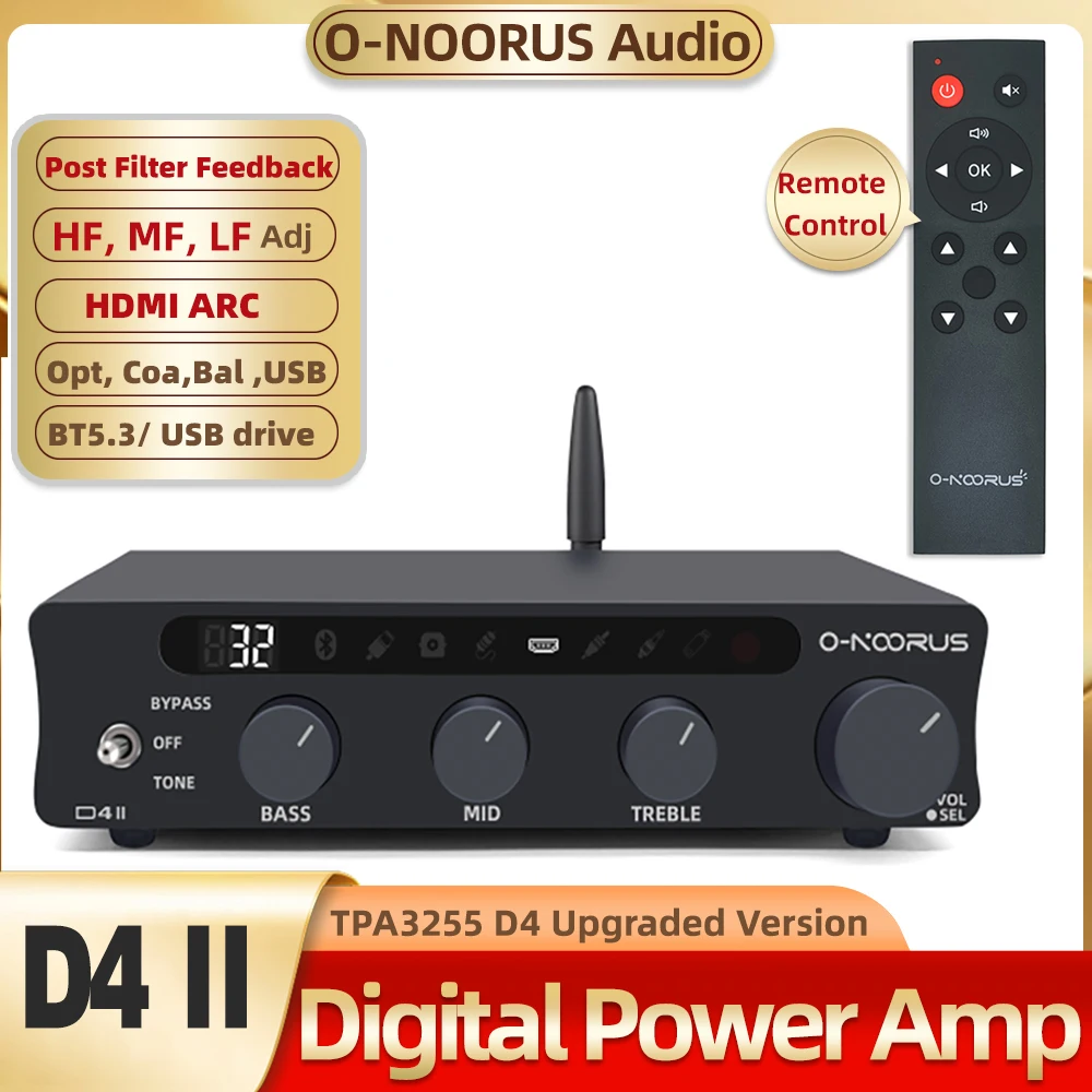 

O-NOORUS TPA3255 PFFB D4 ② Стереоусилитель Bluetooth HDMI ARC USB с оптическим входом 300Wx2 с регулировкой высоких, средних и низких частот