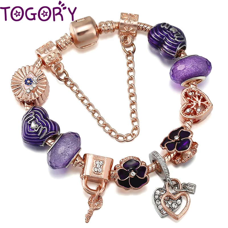 Luxury Dark Purple Pansy Beads Charm Bracelets Vintage Heart with Lock Pendant Bracelet Jewelry Gift For Women Couples Girl