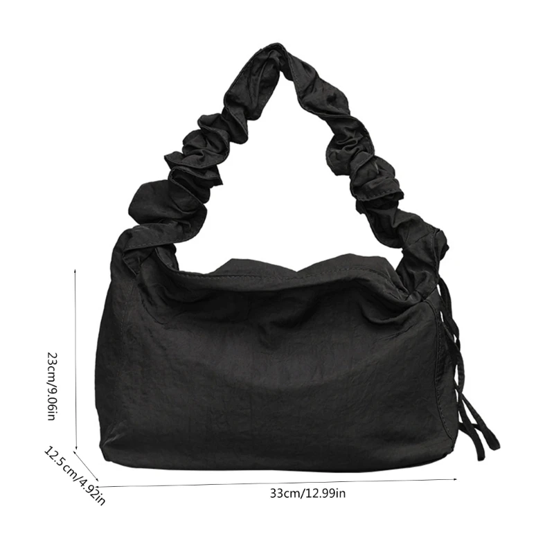 E74B Women Casual Solid Nylon Shoulder Handbag Adjustable Strap Fashion Pleated Drawstrings Crossbody Bag Underarm Purse