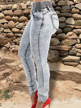 מכנסי ג'ינס אלסטיים אופנתיים לנשים עם כפתורים בחזית, מותן גבוה, נמתחים, גזרה צמודה, ג'ינס רך ופשוט, שטיפת רגליים 8 best sales ג'ינס גבוה - №3