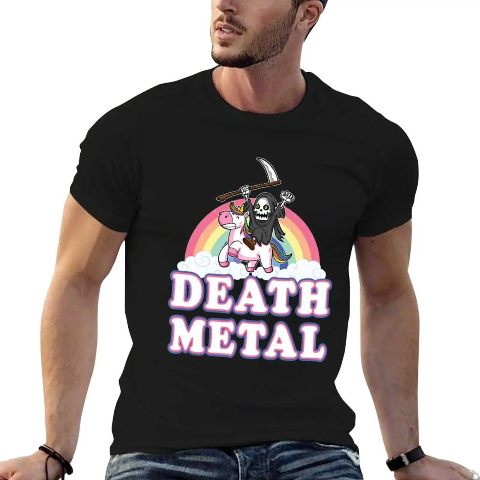 

Death Metal Rainbow Funny Grim Reaper Unicorn T-Shirt cotton t shirts man 100% funny t shirts man T-Shirt