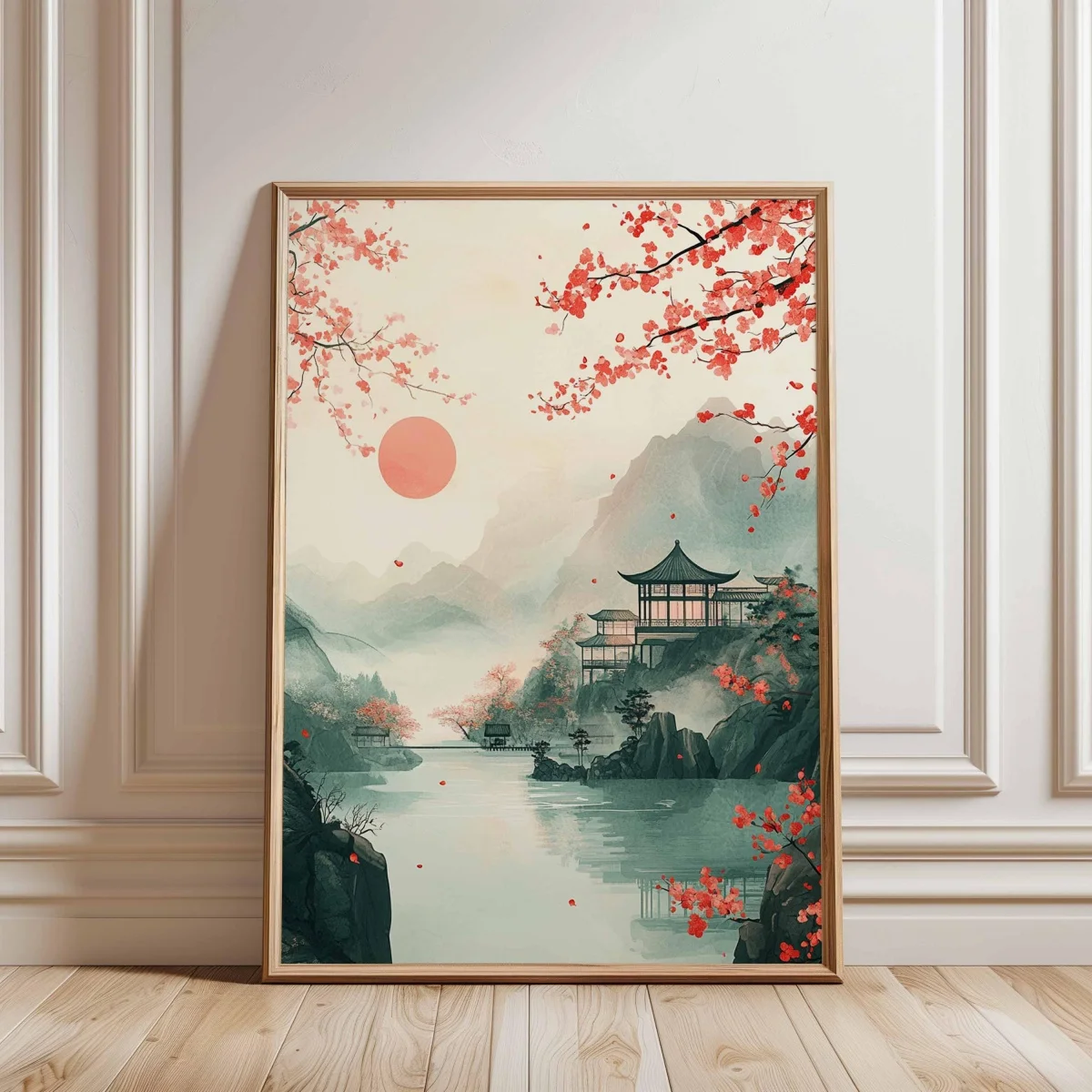 Japanese Cherry Blossom Temple Canvas Print Poster Japandi Vintage Scenery Art Prints Living Room Bedroom Wall Art Home Decor