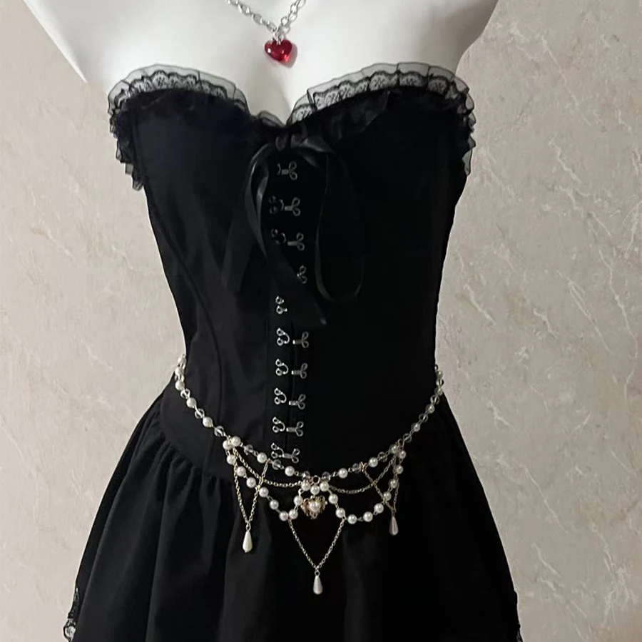 Y2K Millennium Hot Girl Abi Culture Pearl Sparkling Diamond with Skirt Decoration Punk Street Waist Pants Chain Skirt Chain