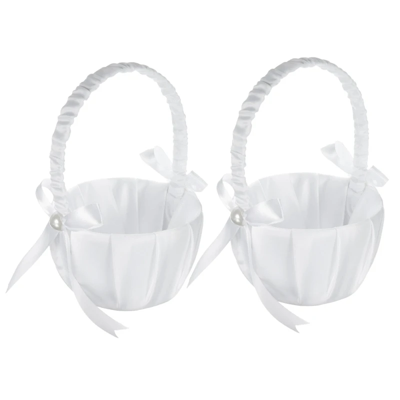 

2 Pack Wedding Satin Flower Basket,Romantic Bowknot Party Rose Flower Girl Basket