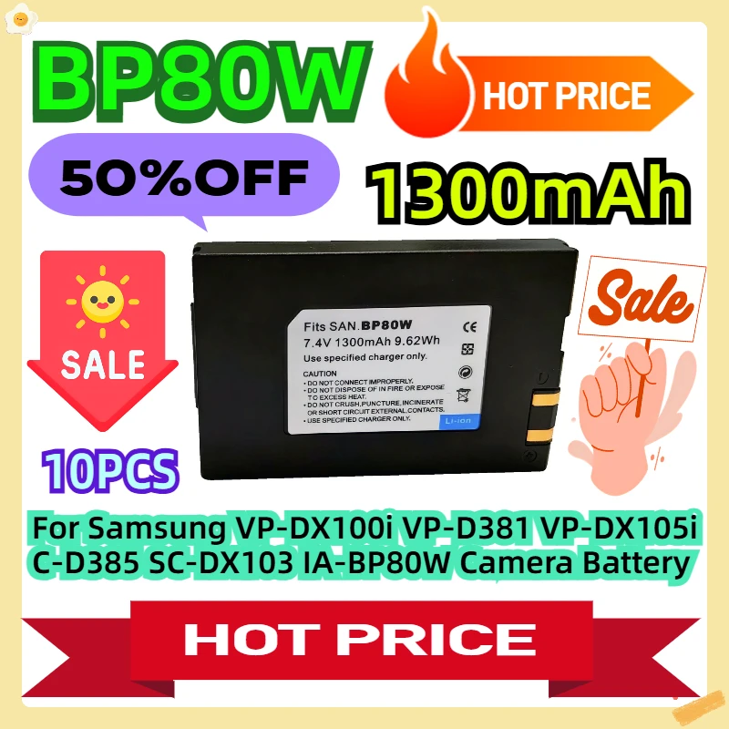 

For Samsung VP-DX100i VP-D381 VP-DX105i C-D385 SC-DX103 IA-BP80W Camera Battery 1300mAh 10pcs