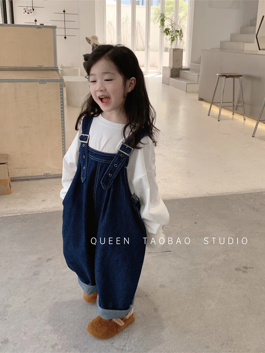 Boys Girls Denim Jumpsuit Blue Loose Wide Leg Suspender Jeans Spring Autumn Casual Overalls Children Casual Romper Pants