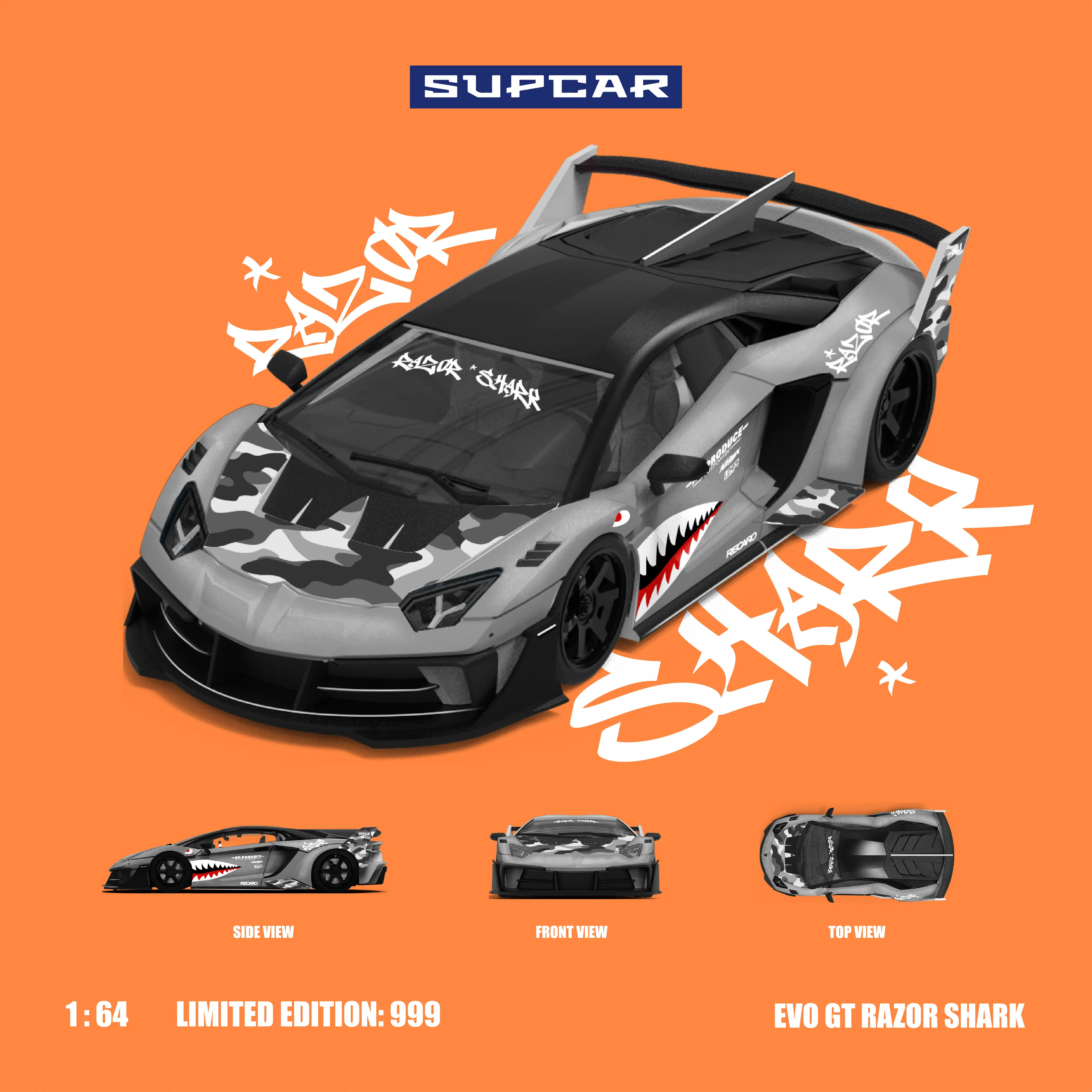 SUPCAR 1/64 GTEVO Shark Mouth Diecast Alloy Car Model Realistic Simulation Racing Collectible Mini Toy Car