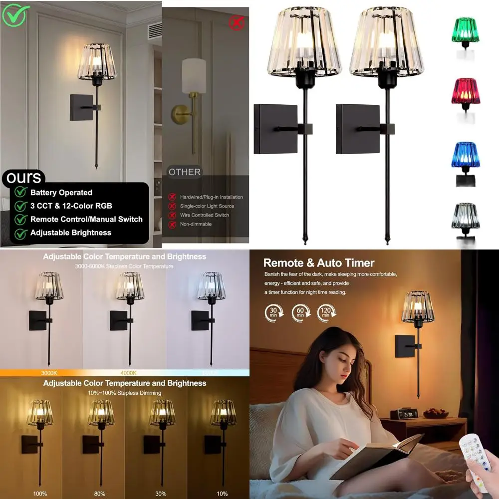 

Pair of Rechargeable Battery-Powered LED Wall Sconces, Black, 15-Color Dimmable, USB Charging, Ideal for Bedrooms, Living Rooms,