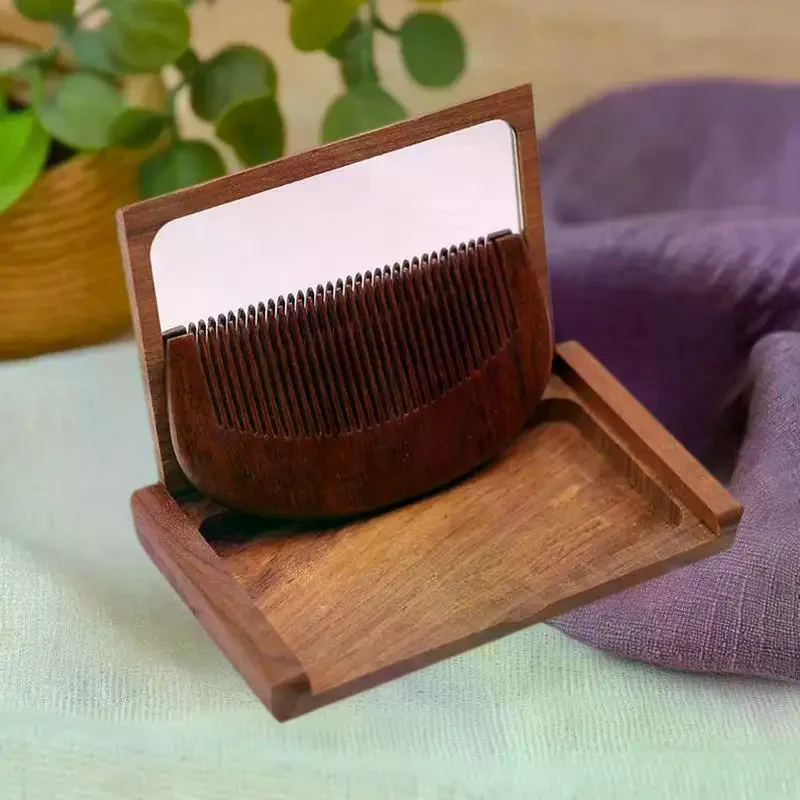 2 في 1 مجموعة مرآة مشط خشبية صغيرة خمر المحمولة مرآة قابلة للطي يده خشب الصندل الأحمر مرآة لوضع مساحيق التجميل السفر وديكور المنزل #3